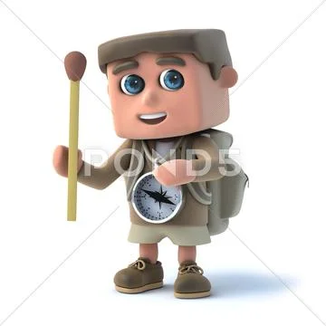 3d render of a kid explorer holding a match. Stock Illustration