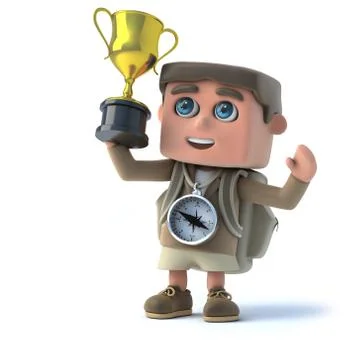3d render of a kid explorer holding up a gold cup award. Stockillustratie