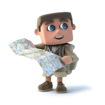 3d render of a kid explorer reading a map. Stock Illustration