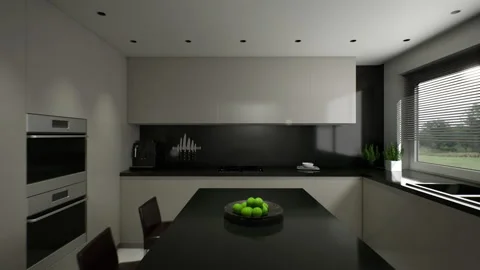 3d render of a kitchen. Animation of a gray kitchen in the style of minimalism. Stock Footage 194484037