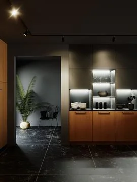 3d render of a kitchen in black tones with a wooden bottom. Иллюстрация