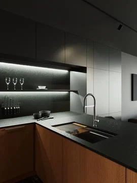3d render of a kitchen in black tones with a wooden bottom. 스톡 일러스트