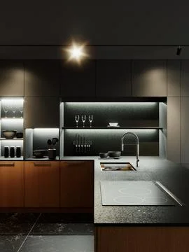 3d render of a kitchen in black tones with a wooden bottom. Stock-Illustration
