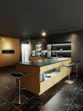 3d render of a kitchen in black tones with a wooden bottom. Иллюстрация