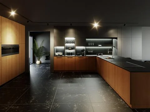 3d render of a kitchen in black tones with a wooden bottom. Stockillustratie