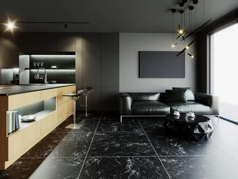 3d render of a kitchen in black tones with a wooden bottom. Stockillustratie