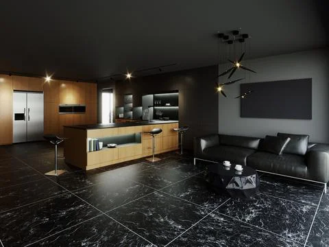 3d render of a kitchen in black tones with a wooden bottom. Stock-Illustration