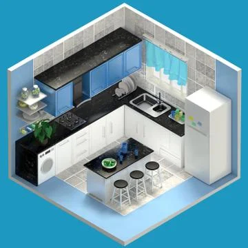  3d render kitchen interior isometric concept Illustrazione stock