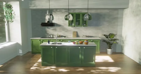 3d render of kitchen in morning for indoor interior design concept Stock Footage 254014552