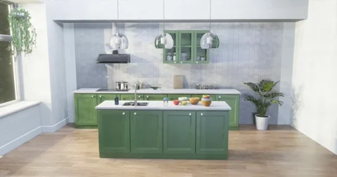 3d render of kitchen in morning for indoor interior design concept Stock Footage 254014586