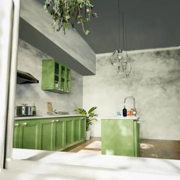 3d render of kitchen in morning for indoor interior design concept Stock Illustration