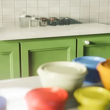 3d render of kitchen in morning for indoor interior design concept Illustrazione stock