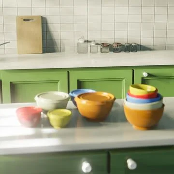3d render of kitchen in morning for indoor interior design concept Illustrazione stock