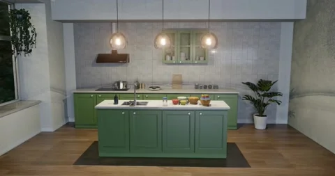 3d render of kitchen at night for indoor interior design concept Video stock 254014574