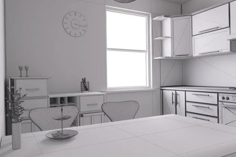 3D render of a kitchen with some equipments 스톡 일러스트