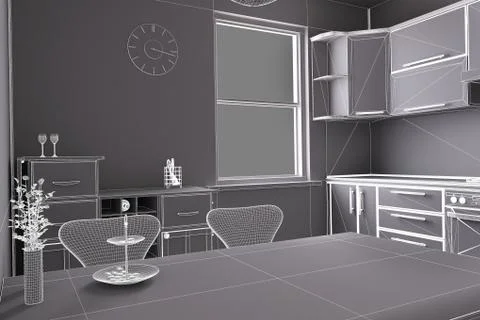 3D render of a kitchen with some equipments Illustrazione stock