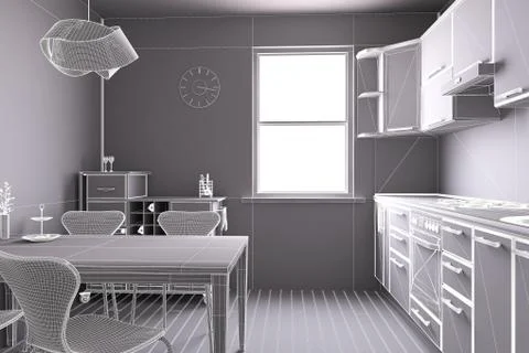 3d render of a kitchen in wireframe view Illustrazione stock