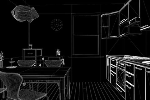 3d render of a kitchen in wireframe view Stock Illustration