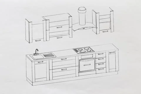 3D render of kitchens in the style of sketches. Stock Illustration
