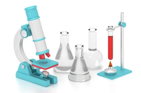 3d render laboratory front of flasks and microscope. 스톡 일러스트