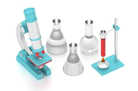 3d render laboratory front of flasks and microscope. Illustrazione stock