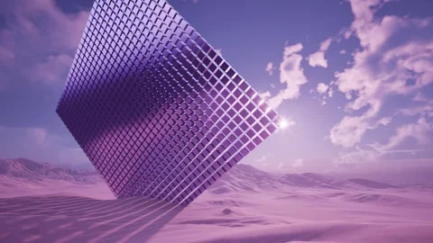 3d render landscape, cubes Purple cube floating over pink dunes, glossy grid Stock Footage 348251604