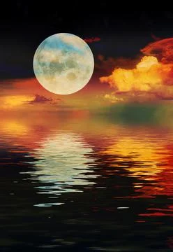 3d render landscape with moon and sea night starry sky sunset clouds orange Stock Illustration