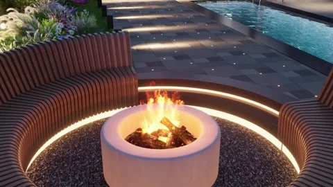 3D render. Landscaping around the backyard pool with evening lights. Stock Footage 270210258