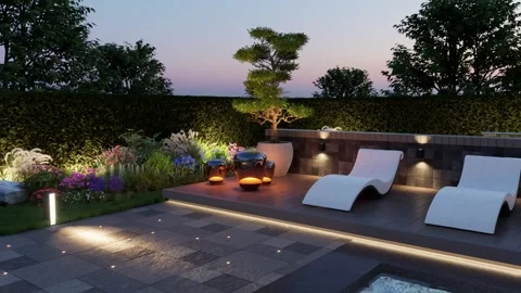 3D render. Landscaping around the backyard pool with evening lights. Stock Footage 270210262