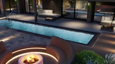 3D render. Landscaping around the backyard pool with evening lights. Stock Footage 270210263