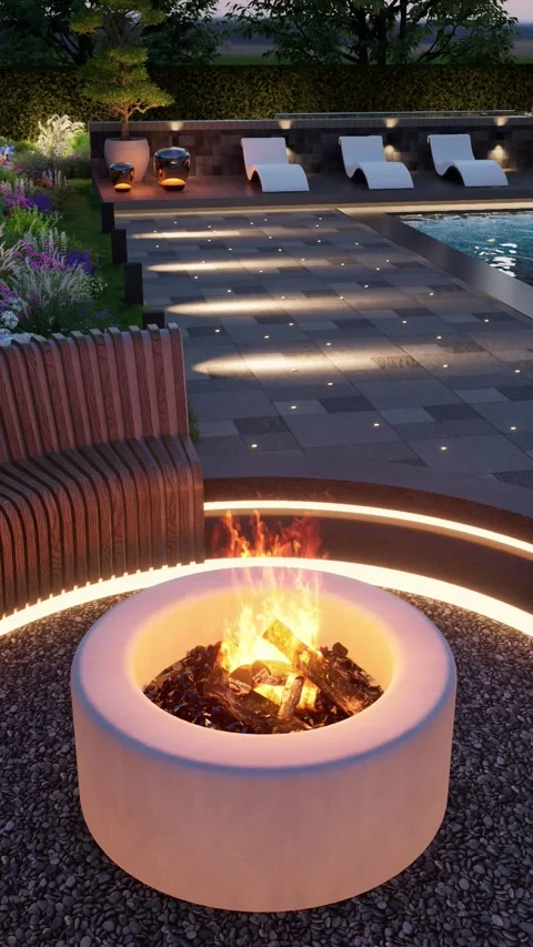 3D render. Landscaping around the backyard pool with evening lights. Stock Footage 270210266