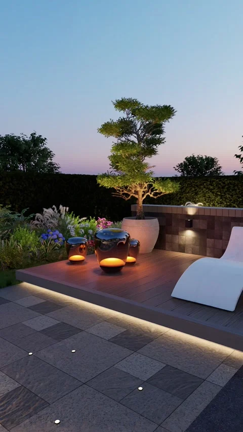 3D render. Landscaping around the backyard pool with evening lights. Stock Footage 270210267