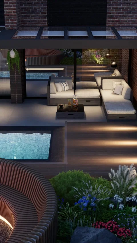 3D render. Landscaping around the backyard pool with evening lights. Stock Footage 270210303