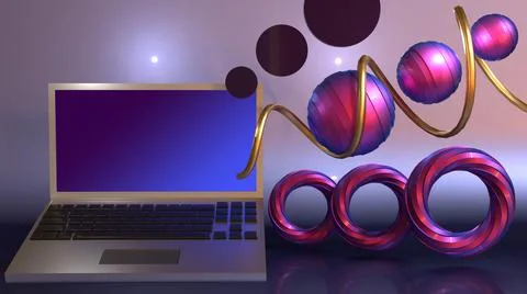 3D Render laptop, with abstract object emitting Stock Illustration