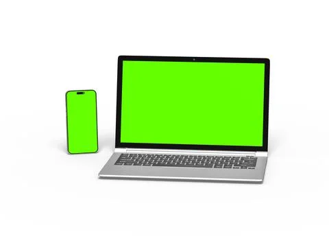 3D Render of laptop and phone with green screen on a light background Stock Illustration