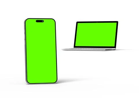 3D Render of laptop and phone with green screen on a light background Illustrazione stock