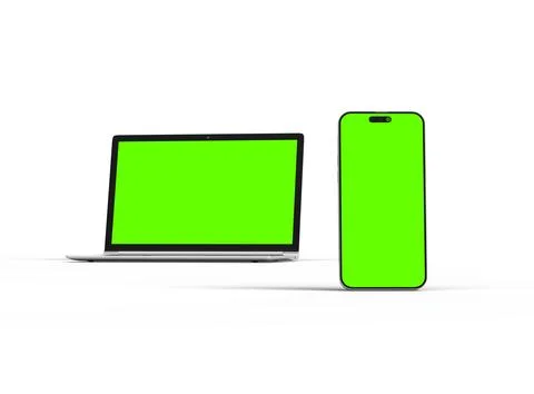 3D Render of laptop and phone with green screen on a light background Stock Illustration