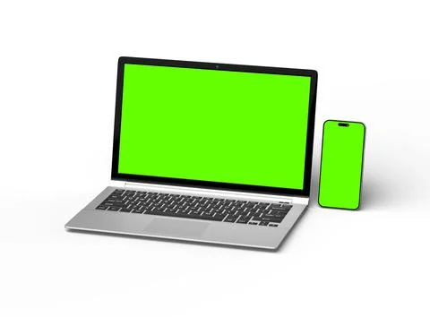 3D Render of laptop and phone with green screen on a light background Stock Illustration