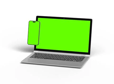 3D Render of laptop and phone with green screen on a light background Stock Illustration