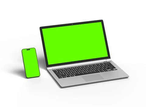 3D Render of laptop and phone with green screen on a light background Stock Illustration