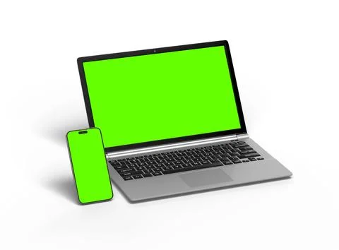 3D Render of laptop and phone with green screen on a light background Stock Illustration