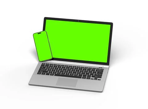 3D Render of laptop and phone with green screen on a light background Illustrazione stock