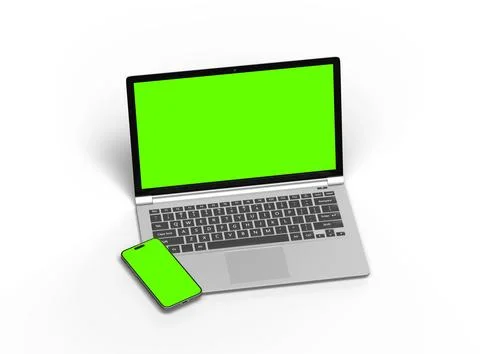 3D Render of laptop and phone with green screen on a light background Stock Illustration