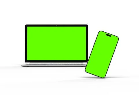 3D Render of laptop and phone with green screen on a light background Stock Illustration