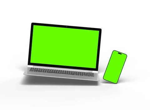 3D Render of laptop and phone with green screen on a light background Illustrazione stock