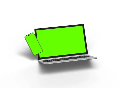 3D Render of laptop and phone with green screen on a light background Stock Illustration