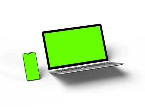 3D Render of laptop and phone with green screen on a light background Stock Illustration