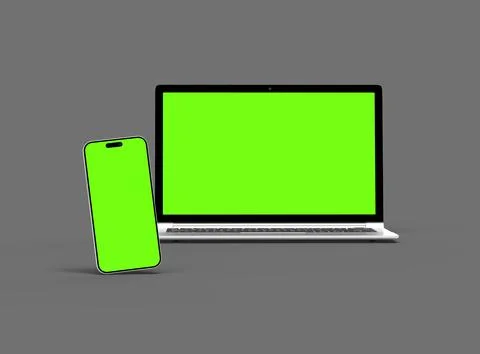 3D Render of laptop and phone with green screen on a dark background Stock Illustration