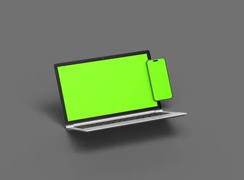 3D Render of laptop and phone with green screen on a dark background Stock Illustration