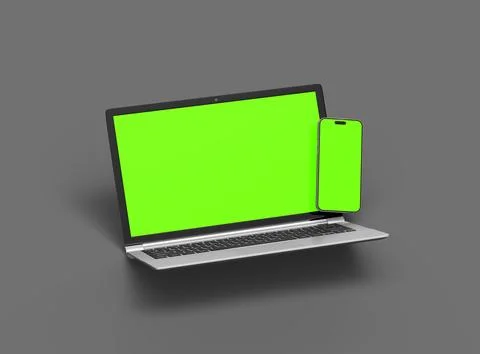 3D Render of laptop and phone with green screen on a dark background Illustrazione stock